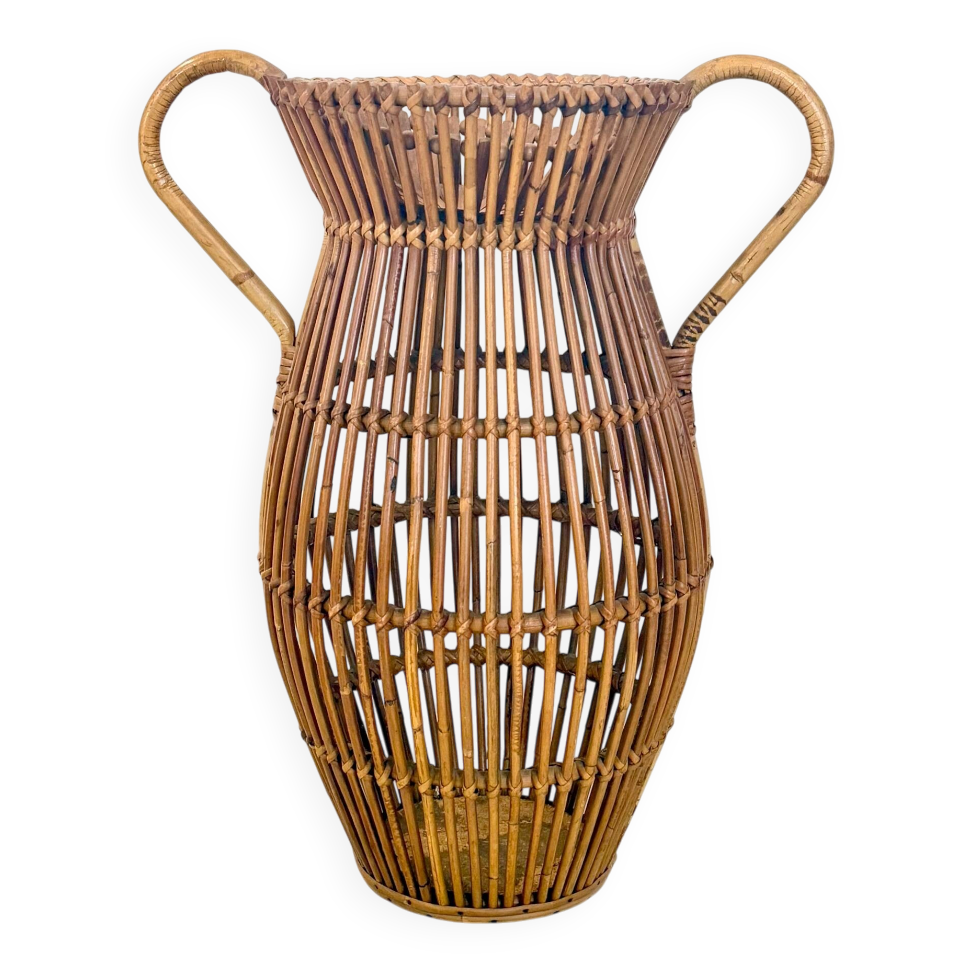Vintage Wicker and Bamboo Amphora Umbrella Stand , Italy