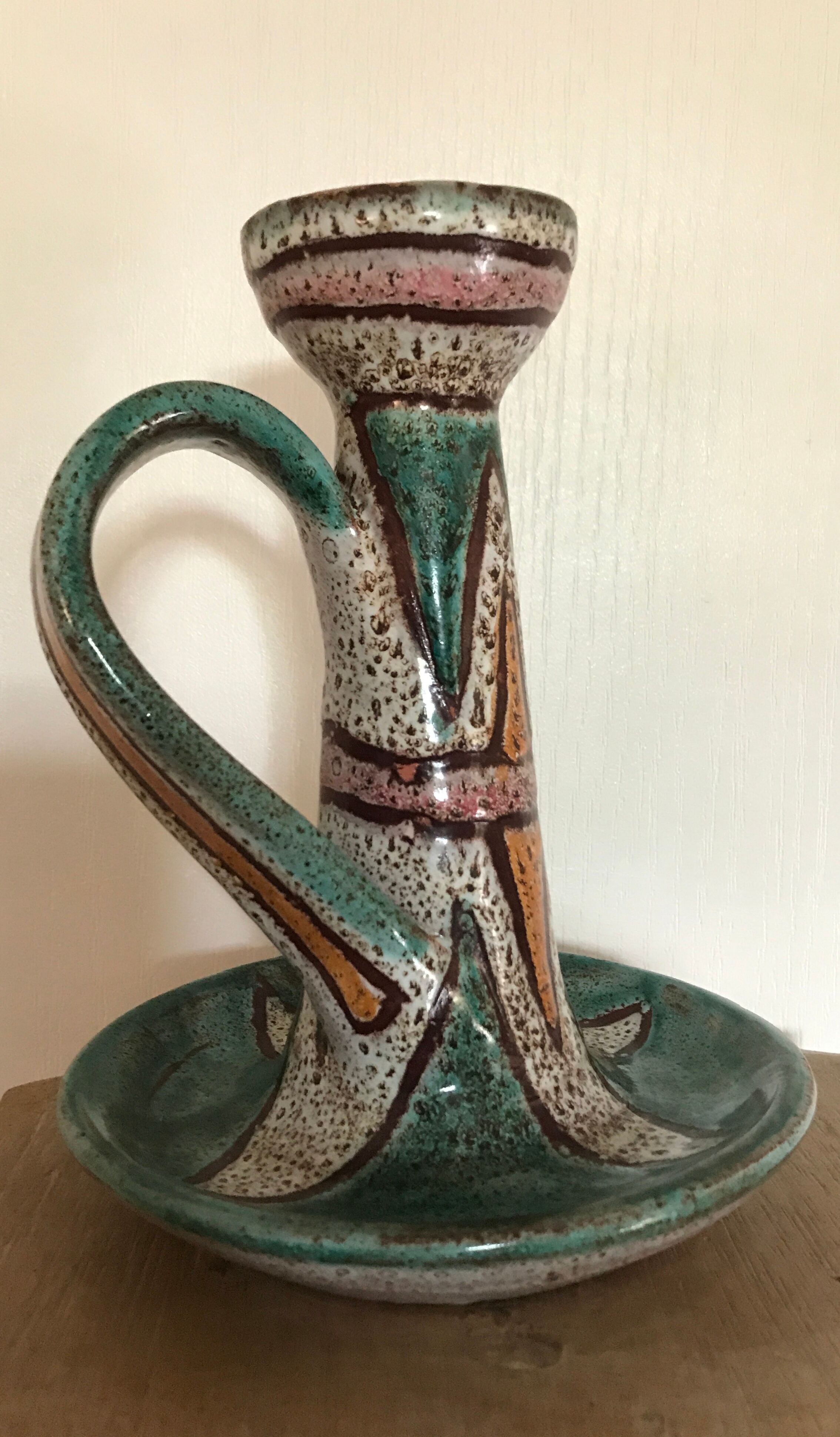 Hand candleholder in enamelled ceramic, polychrome paint, art deco, numbered