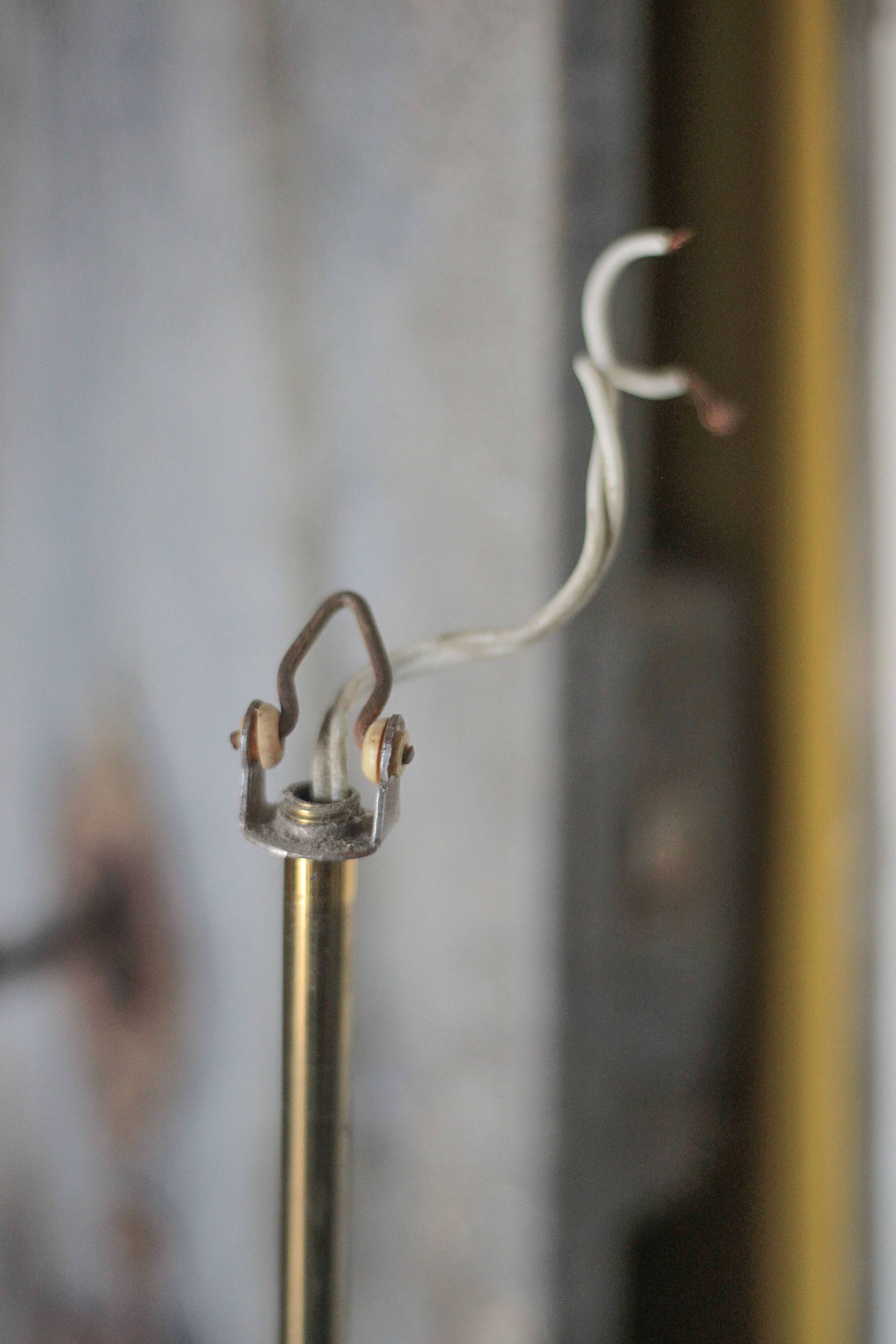 Vintage brass suspension with thick milk glass globe, brass chandelier.