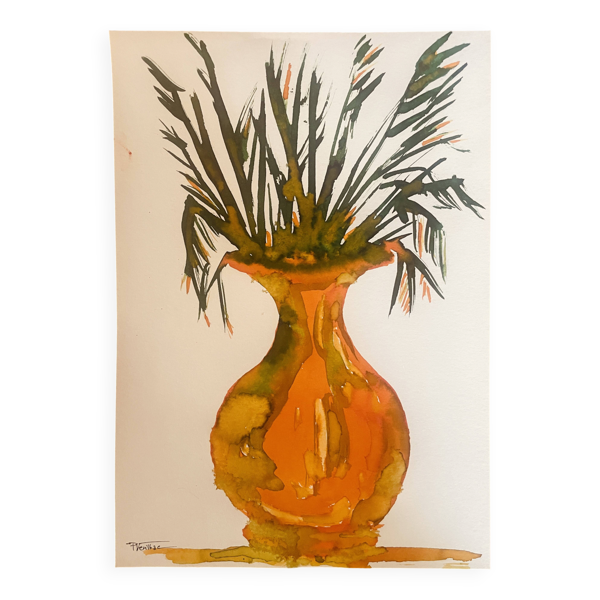 Tableau signé, nature morte « jarre provençale ornée de plantes »