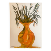 Tableau signé, nature morte « jarre provençale ornée de plantes »