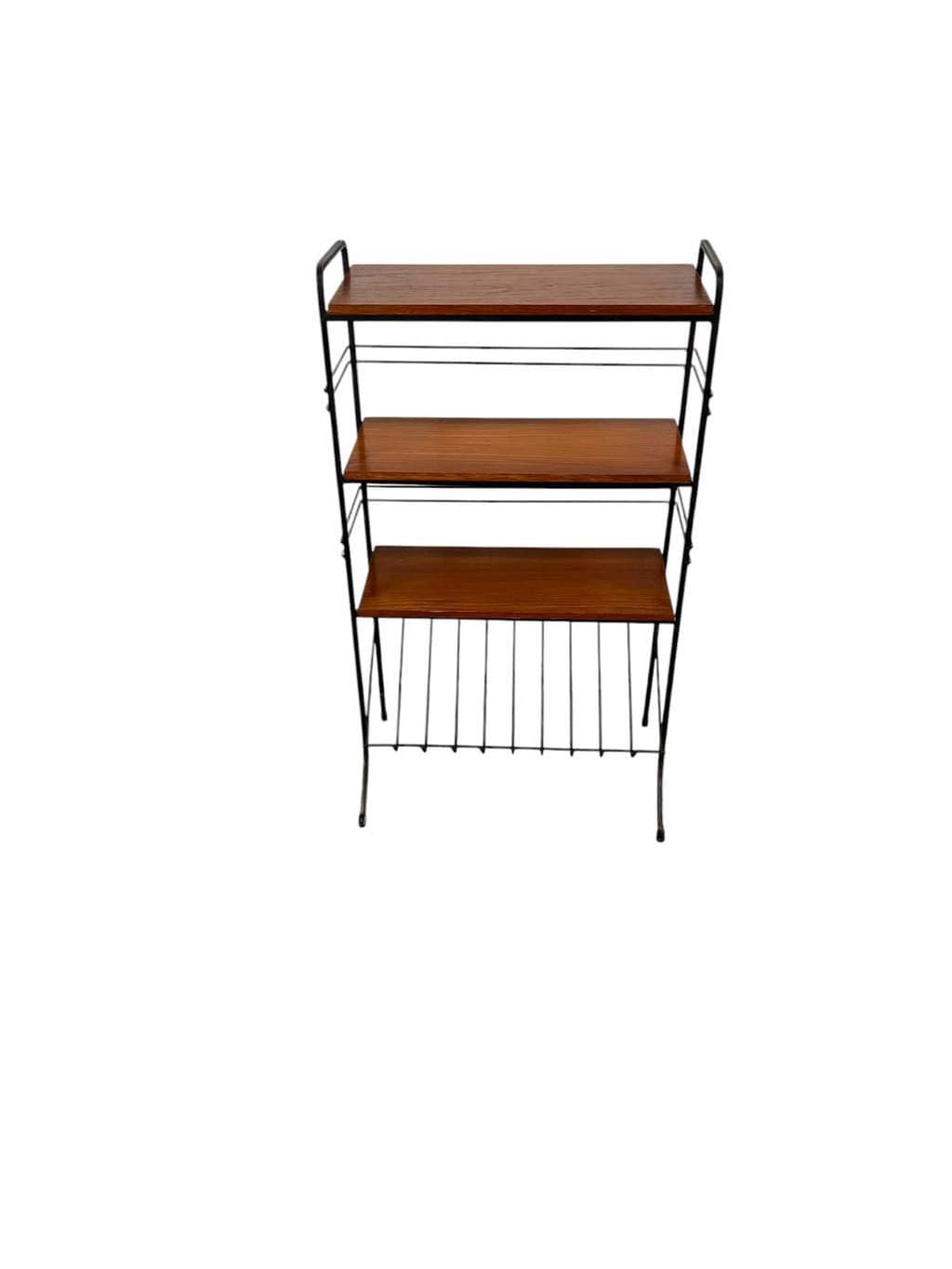 Vintage black shelf/coat rack with wooden accents.
