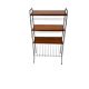Vintage black shelf/coat rack with wooden accents.