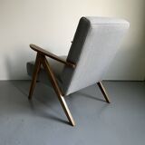 Vintage Mid Century Modern Armchair: Grey Fabric & Beech Wood Frame