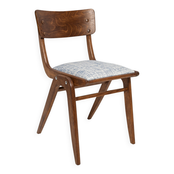 Chaise Boomerang blanche et bleue en lin, bois foncé, Pologne, années 1960