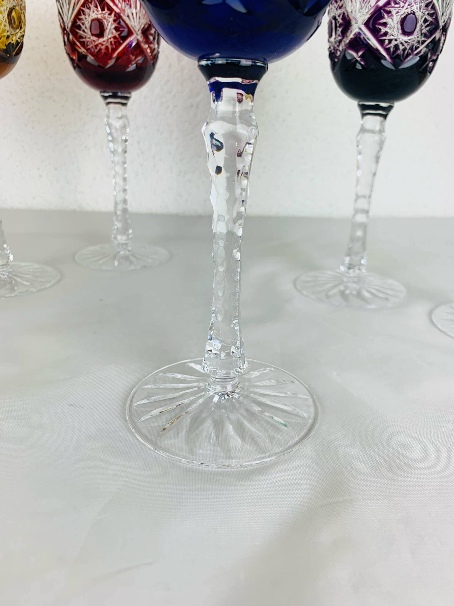 6 handmade crystal stemmed glasses from Lorraine, multi-colored