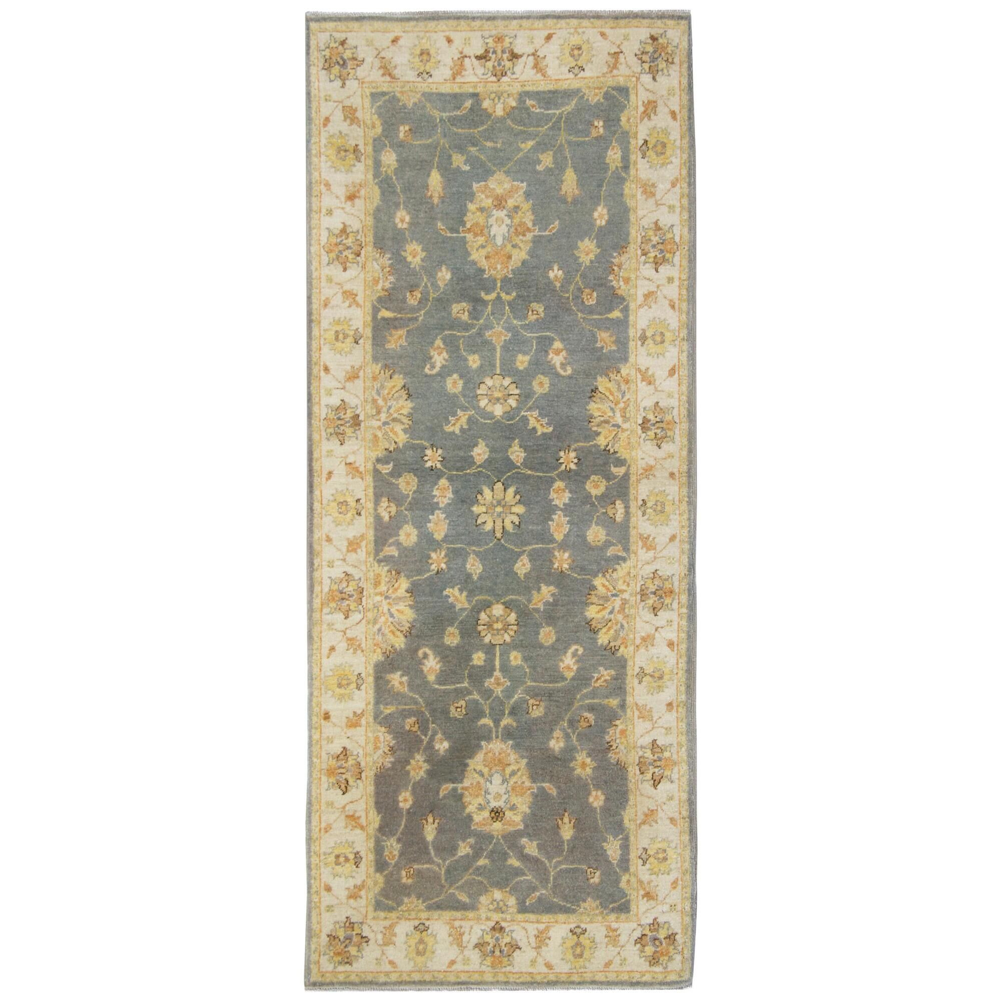Grey Blue Runner Carpet Handwoven, Wool Handwoven Floral Carpet Rug