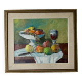 Original Swedish oil painting on canvas from the mid-century "Still Life with Bowl of Fruit" by Eric Lundgren -