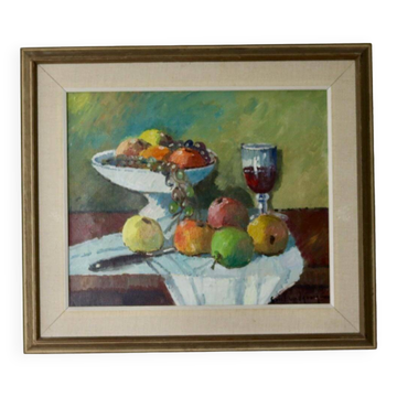 Original Swedish oil painting on canvas from the mid-century "Still Life with Bowl of Fruit" by Eric Lundgren -