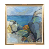 Grande huile sur toile suédoise originale – « Nuages de tempête Bohuslän » par Stig Delang – Signée – Vintage et encadrée