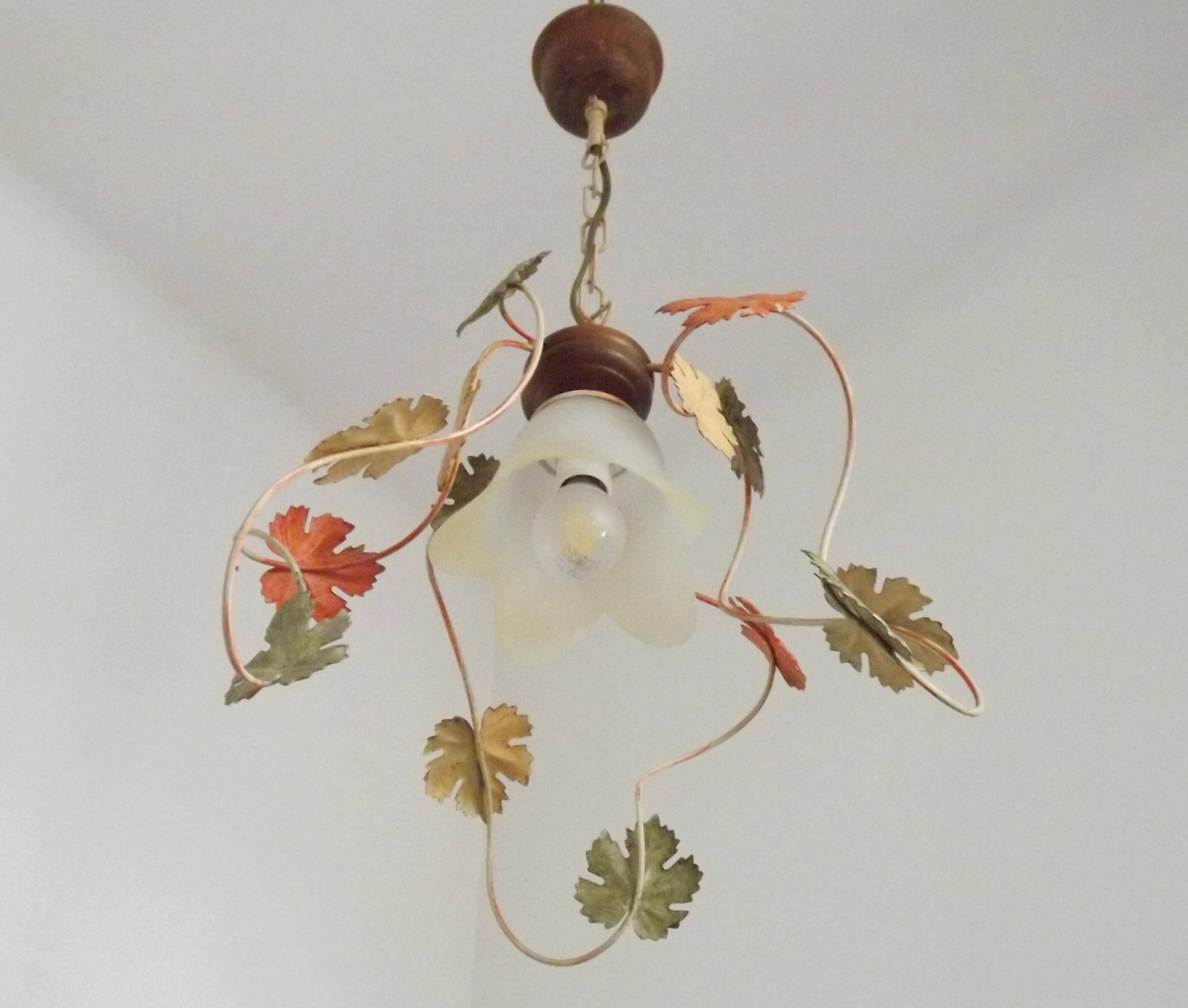 French Vintage Leaf Metal and Wood Hanging Light Textured Glass Shade