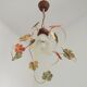 French Vintage Leaf Metal and Wood Hanging Light Textured Glass Shade