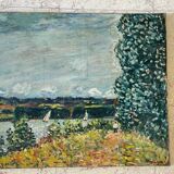 Oil on canvas landscape with 2 boats