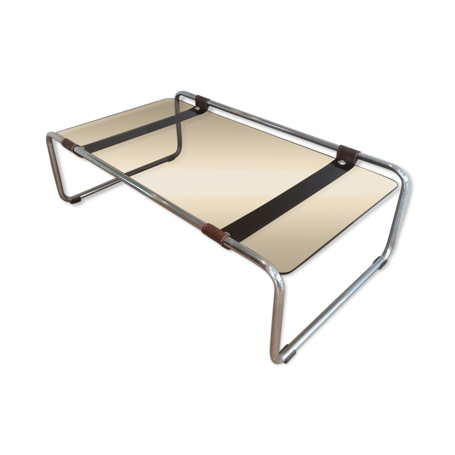 Coffee table in chrome, leather and smoked glass