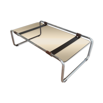 Table basse en chrome, cuir et verre fumé