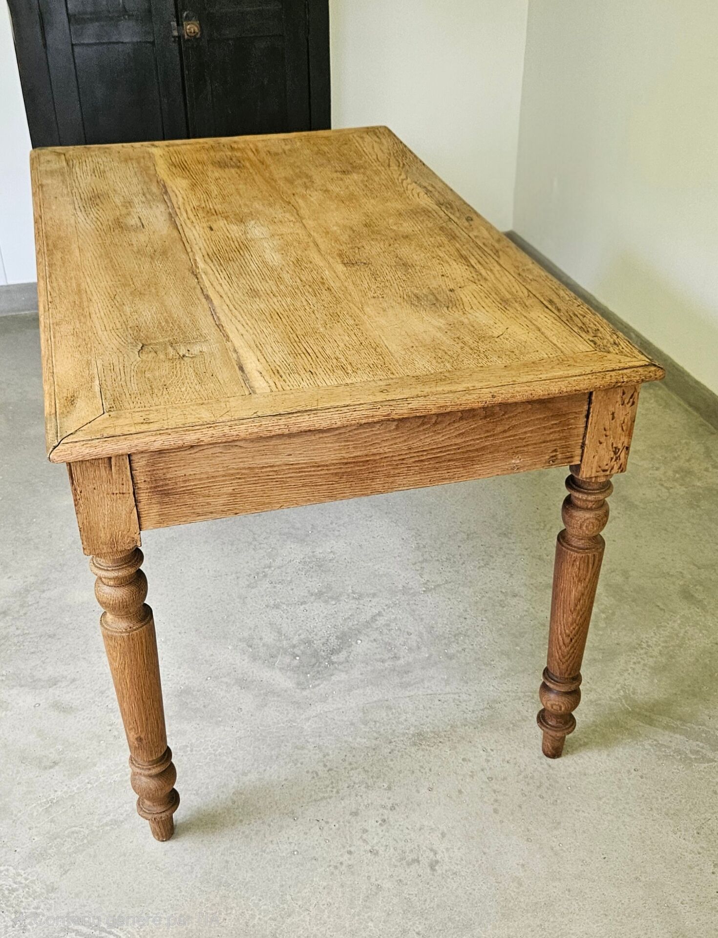 Farmhouse table, solid oak wood, raw finish, shell handles, for 6 people.