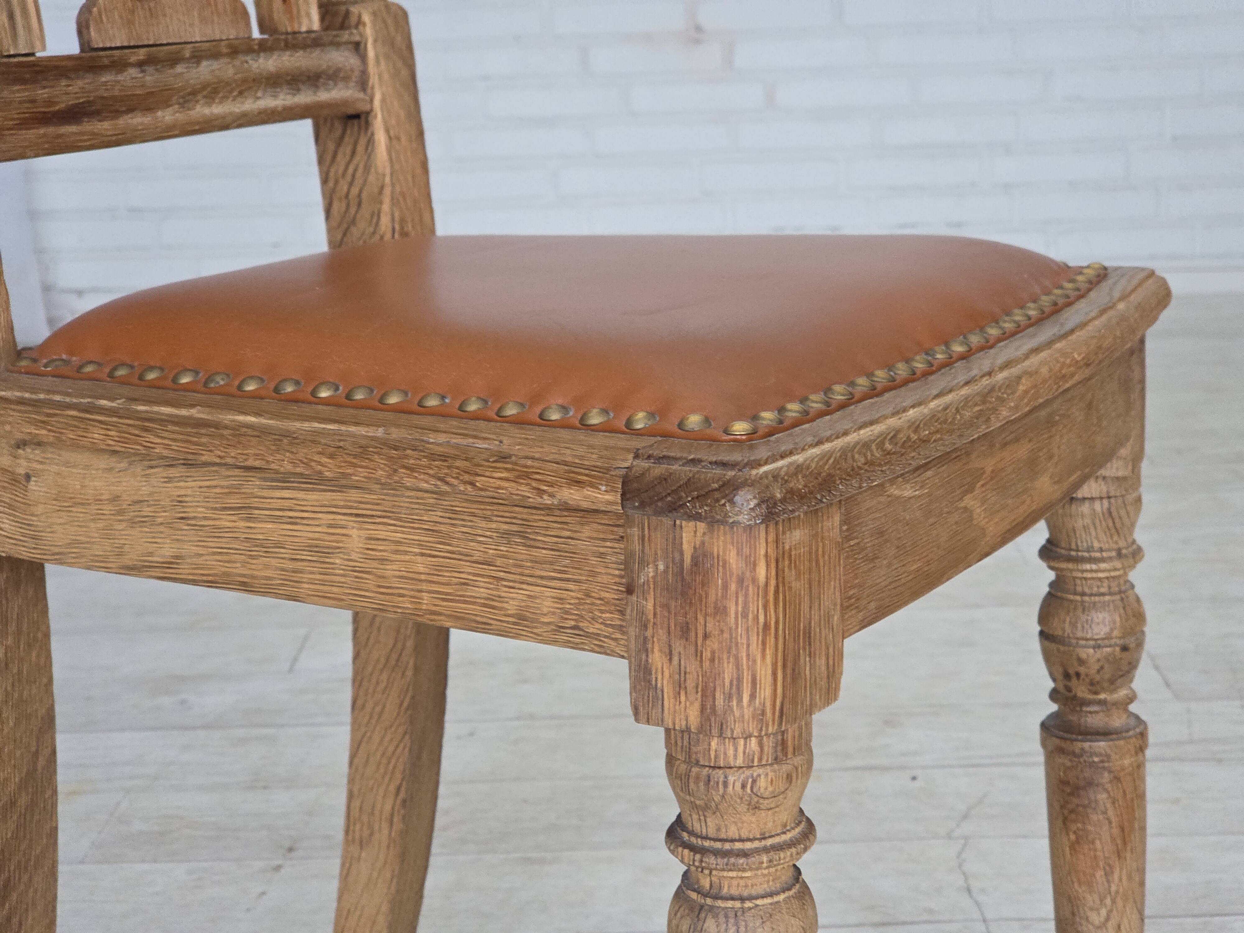 1930s, set of 4 Danish dining chairs, carved oak wood, furniture leather.
