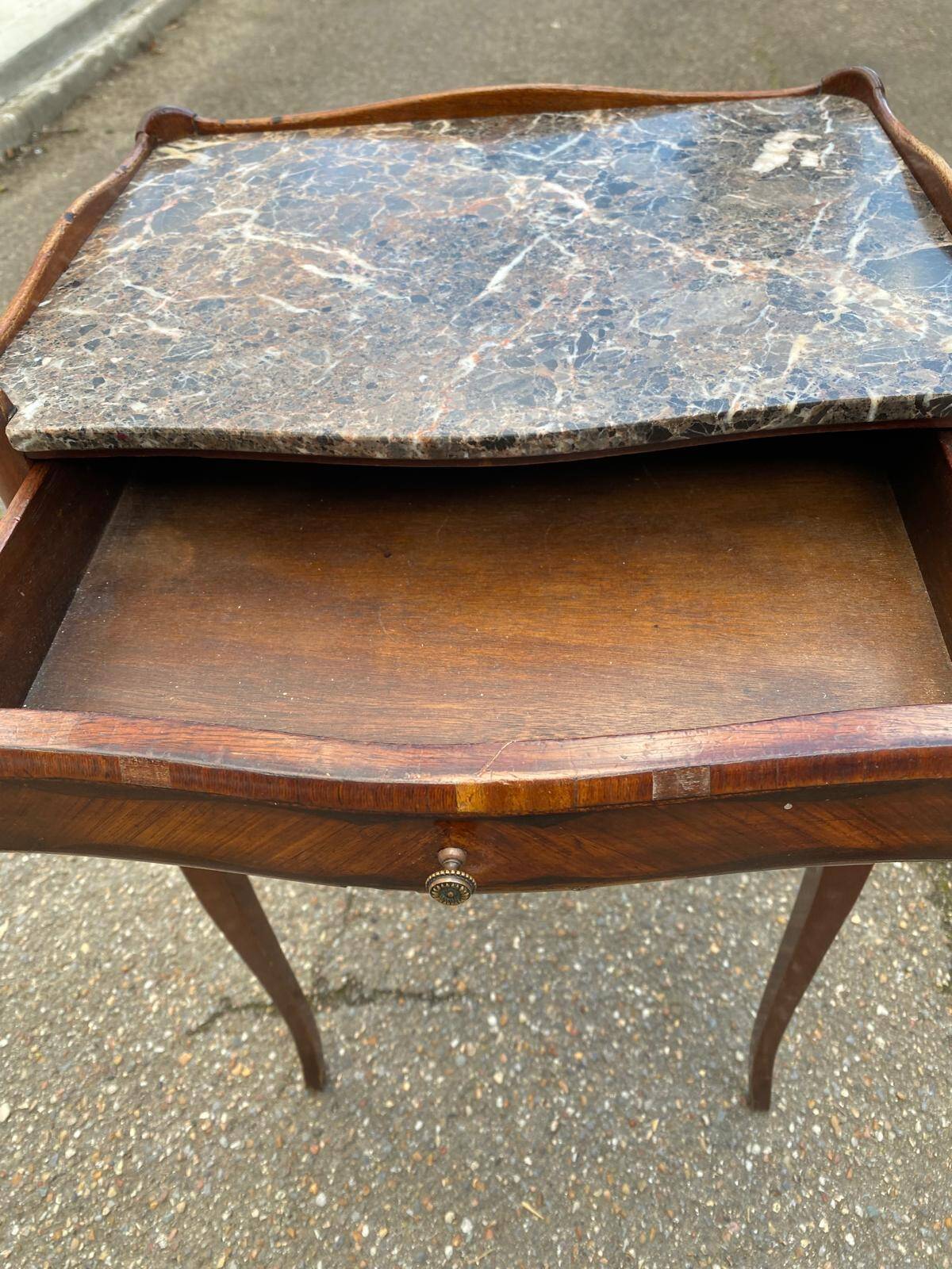 Pair of Louis XV bedside tables, early 20th century, marquetry and marble
