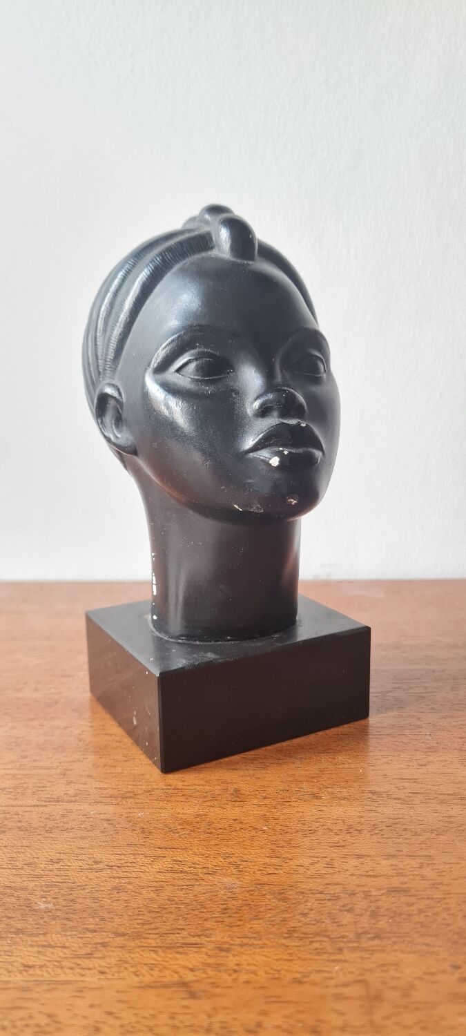 Art deco African woman bust plaster statuette signed Andre C registered