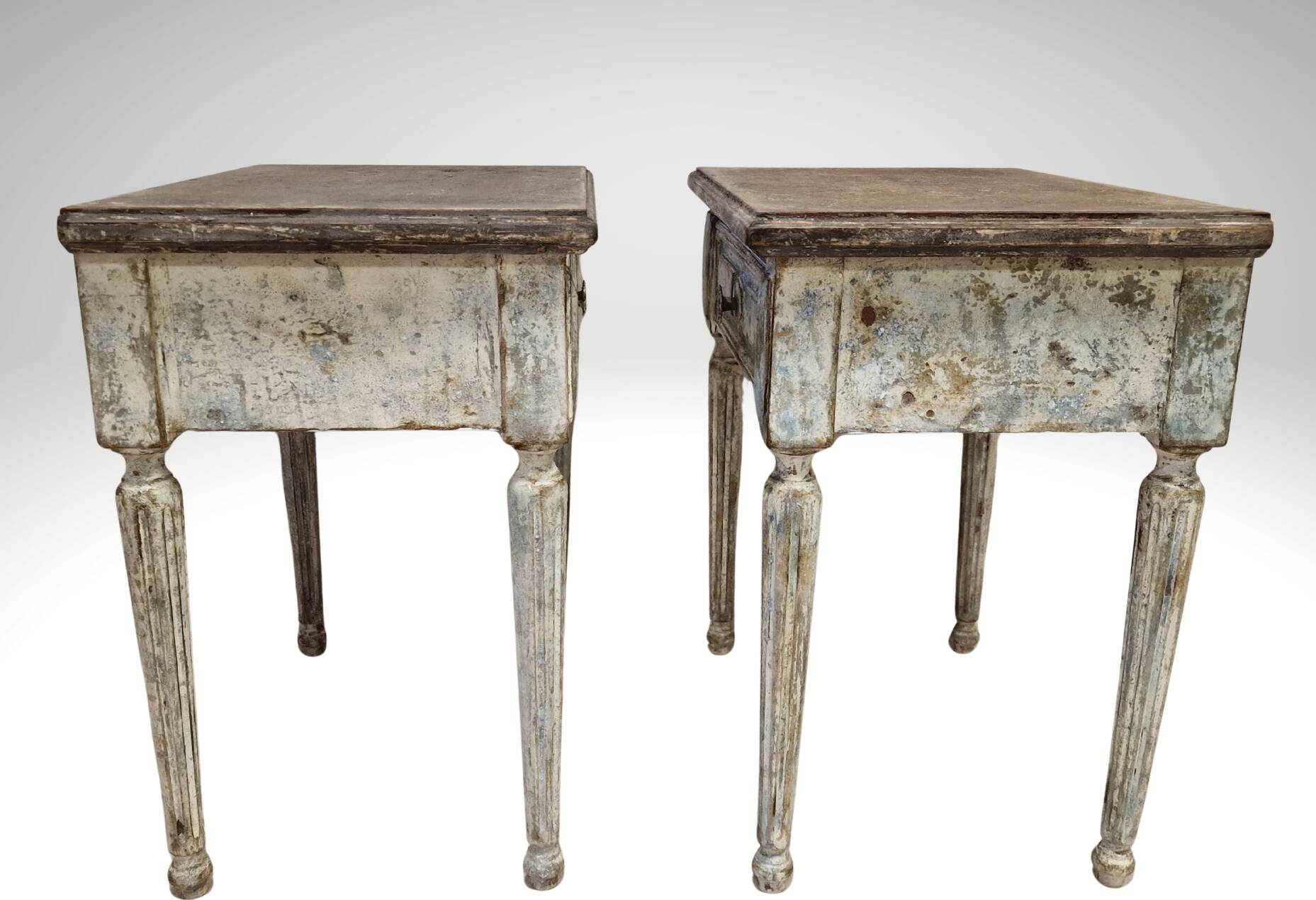 Pair of Louis XVI style bedside tables with patina