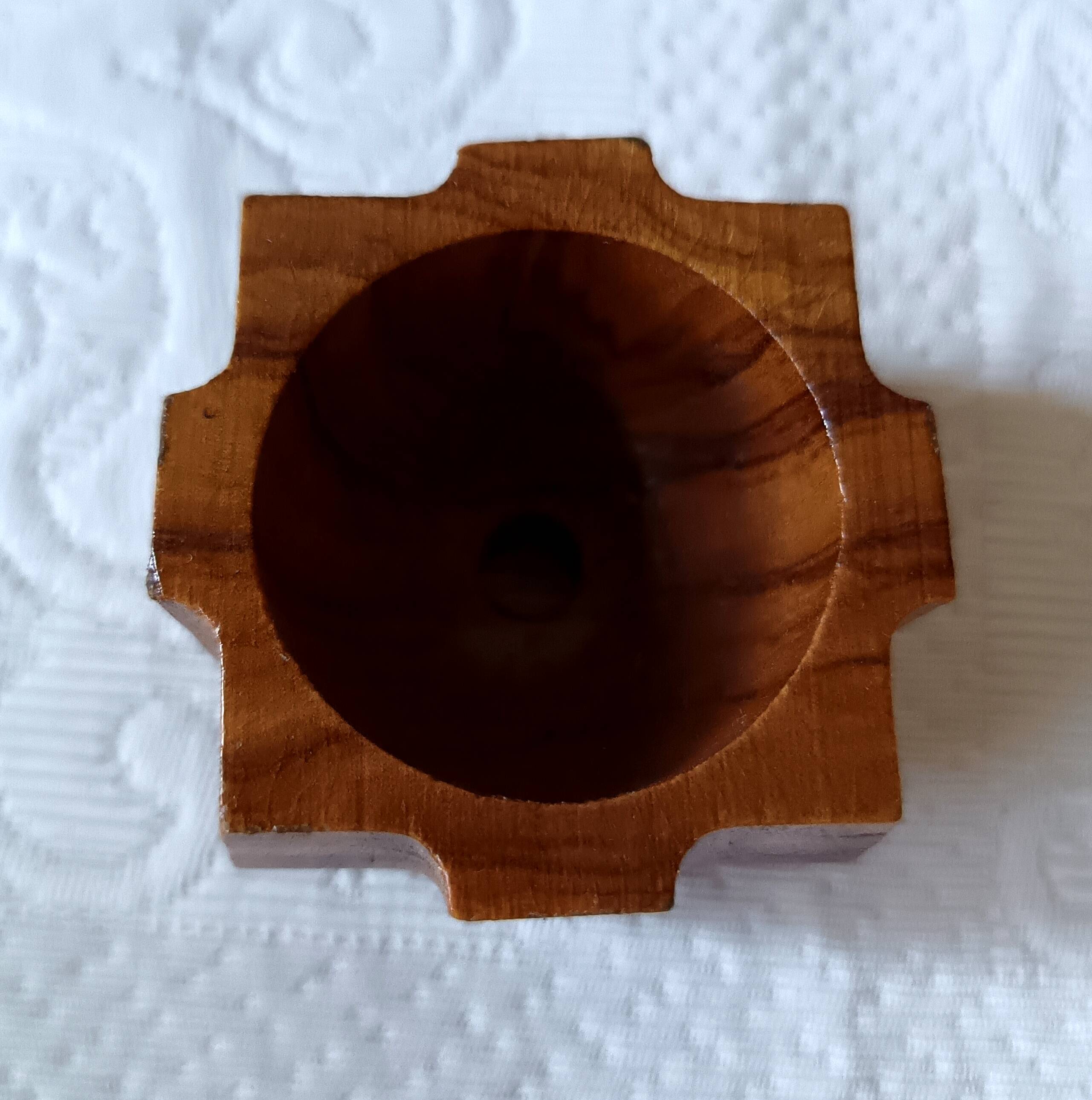 6 vintage egg cups on olive wood tray France