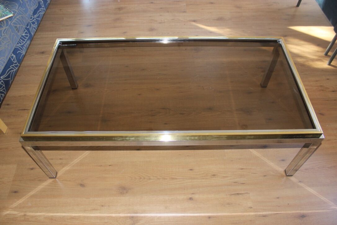 Table basse vintage en verre, laiton et chrome années 70