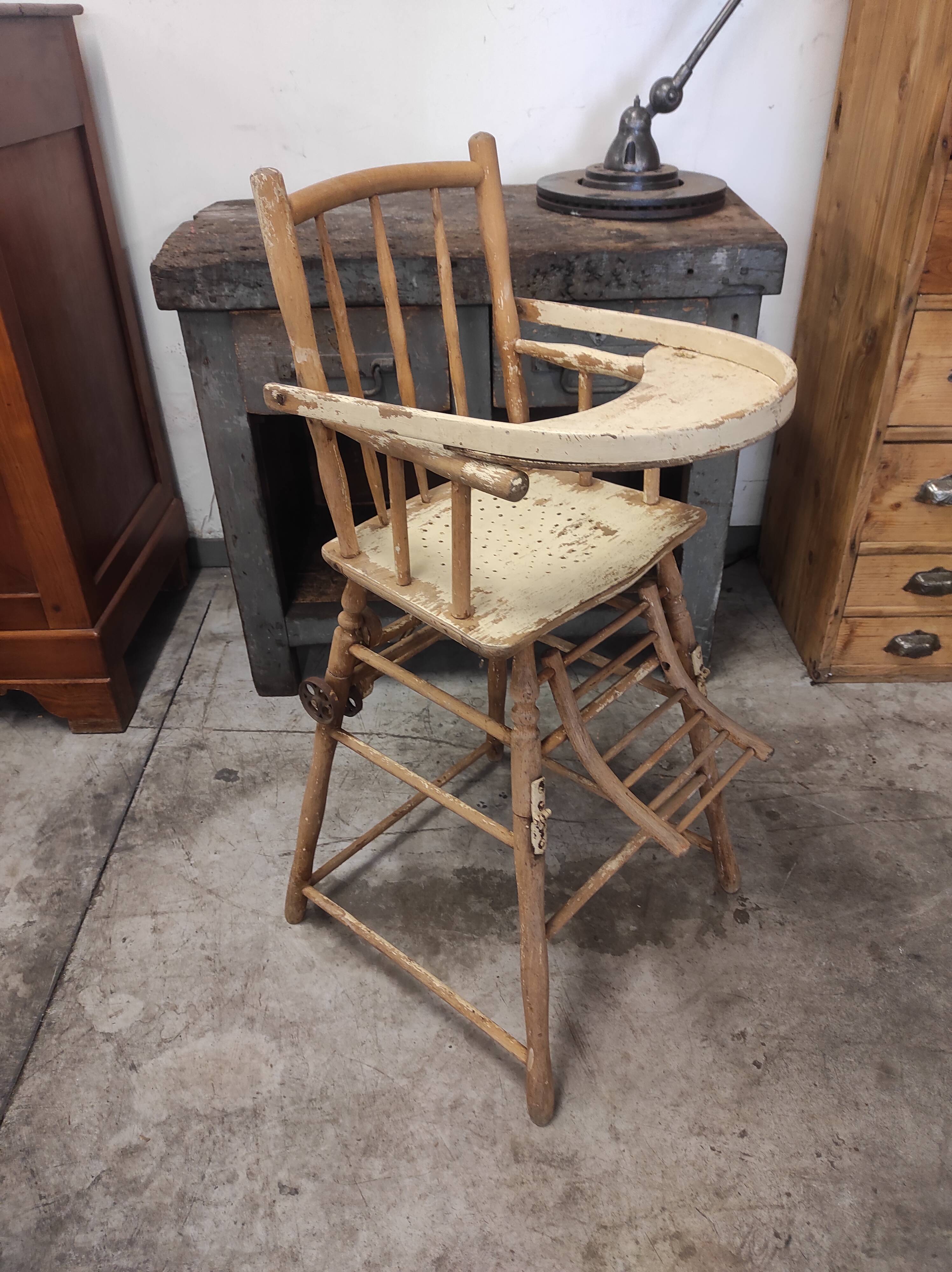 High chair retro baby old wood beech modular patinated white cream art deco dlg Baumann