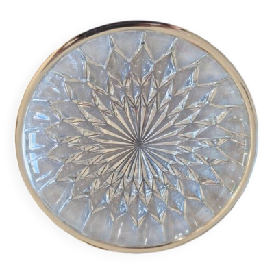 Grand plat en verre moulé et monture en métal argenté