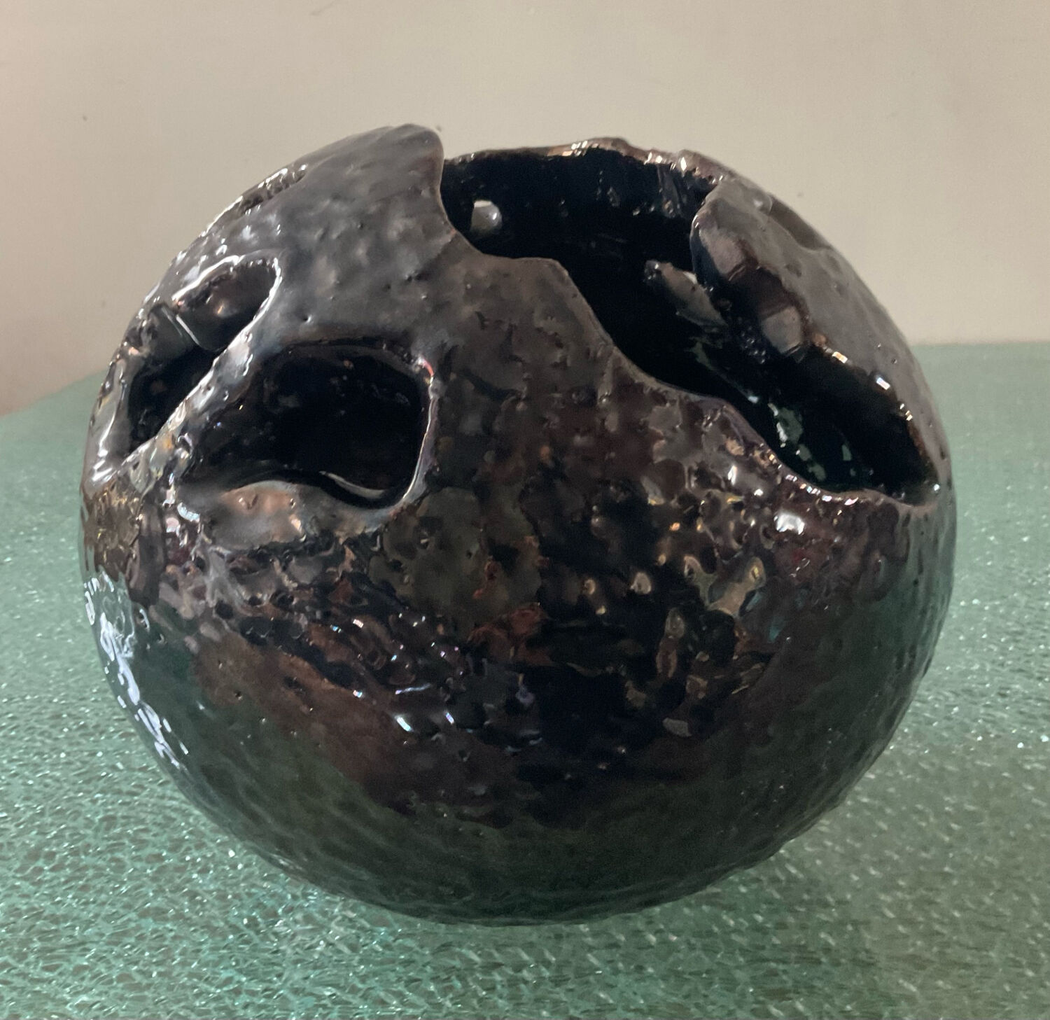 Large brutalist spherical vase in iridescent glazed terracotta