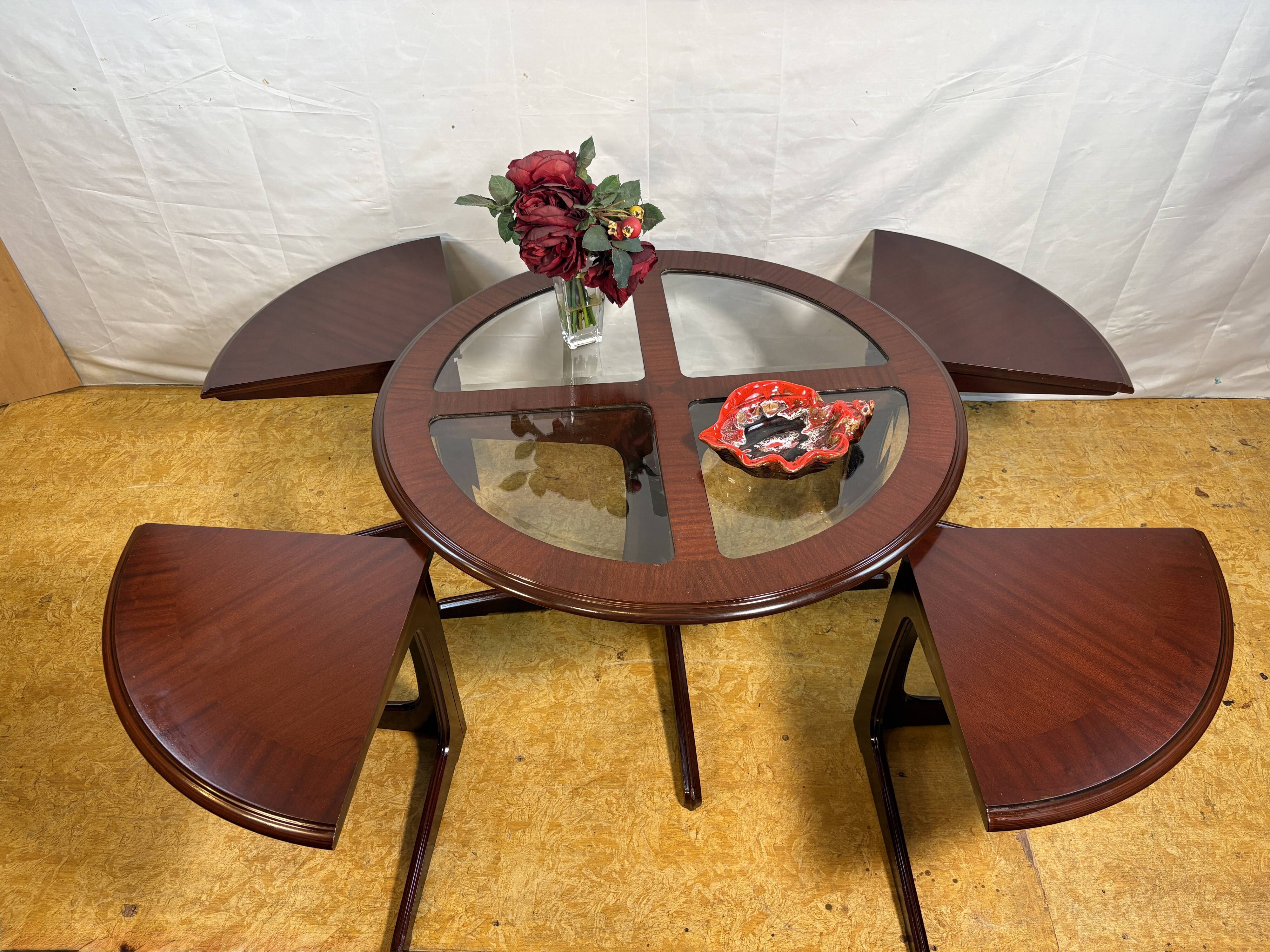 Vintage G-Plan Round Coffee Table & 4 Nested Stools | 1970s | Mahogany & Gl
