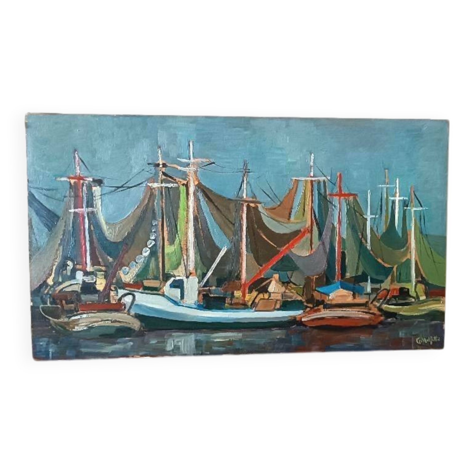 Oil painting on panel, seascape with boats - Signed, 50s/60s