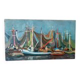 Oil painting on panel, seascape with boats - Signed, 50s/60s