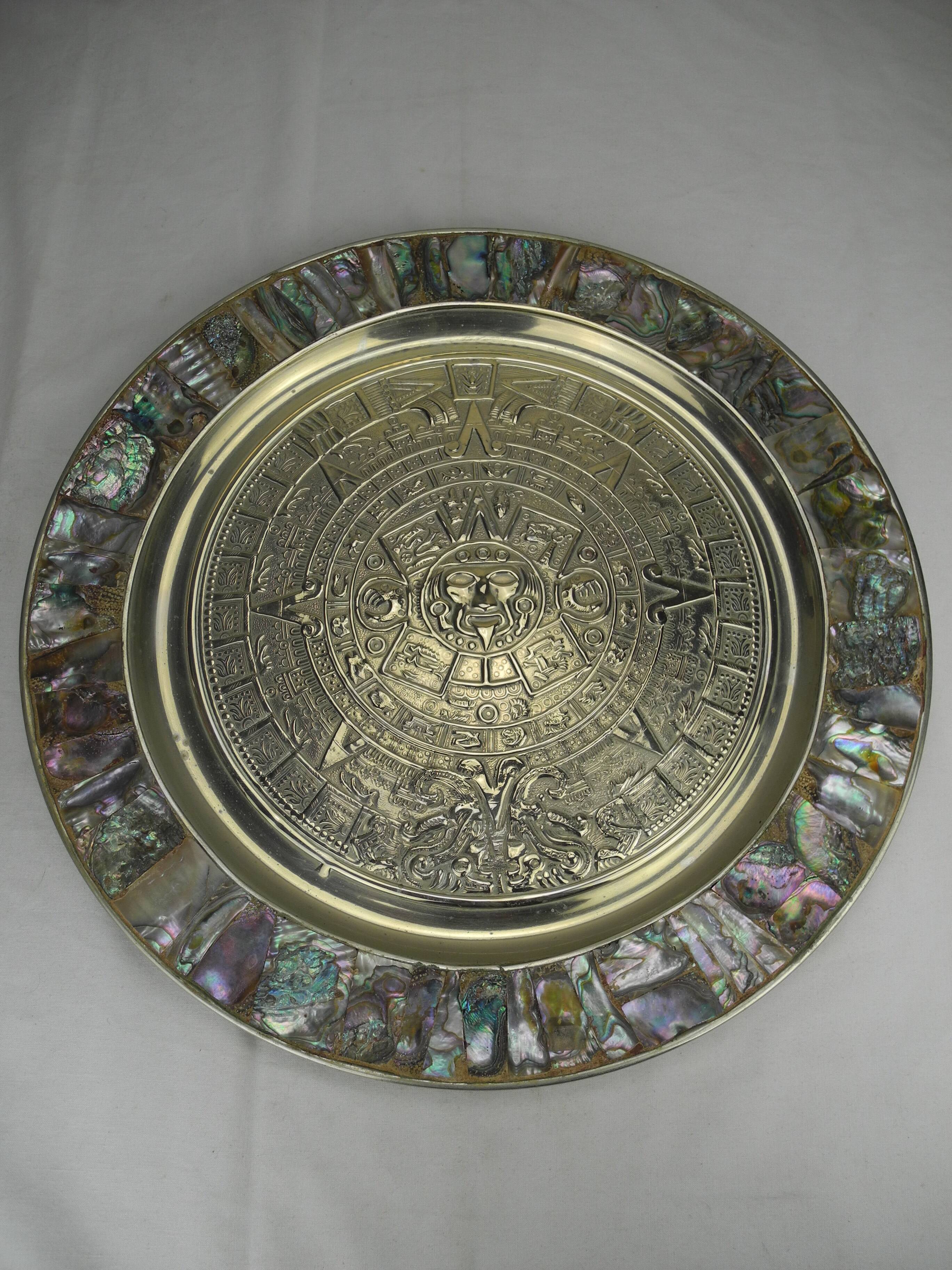 large antique wall plate Mexico alpaca Mayan calendar vintage wall plate decor