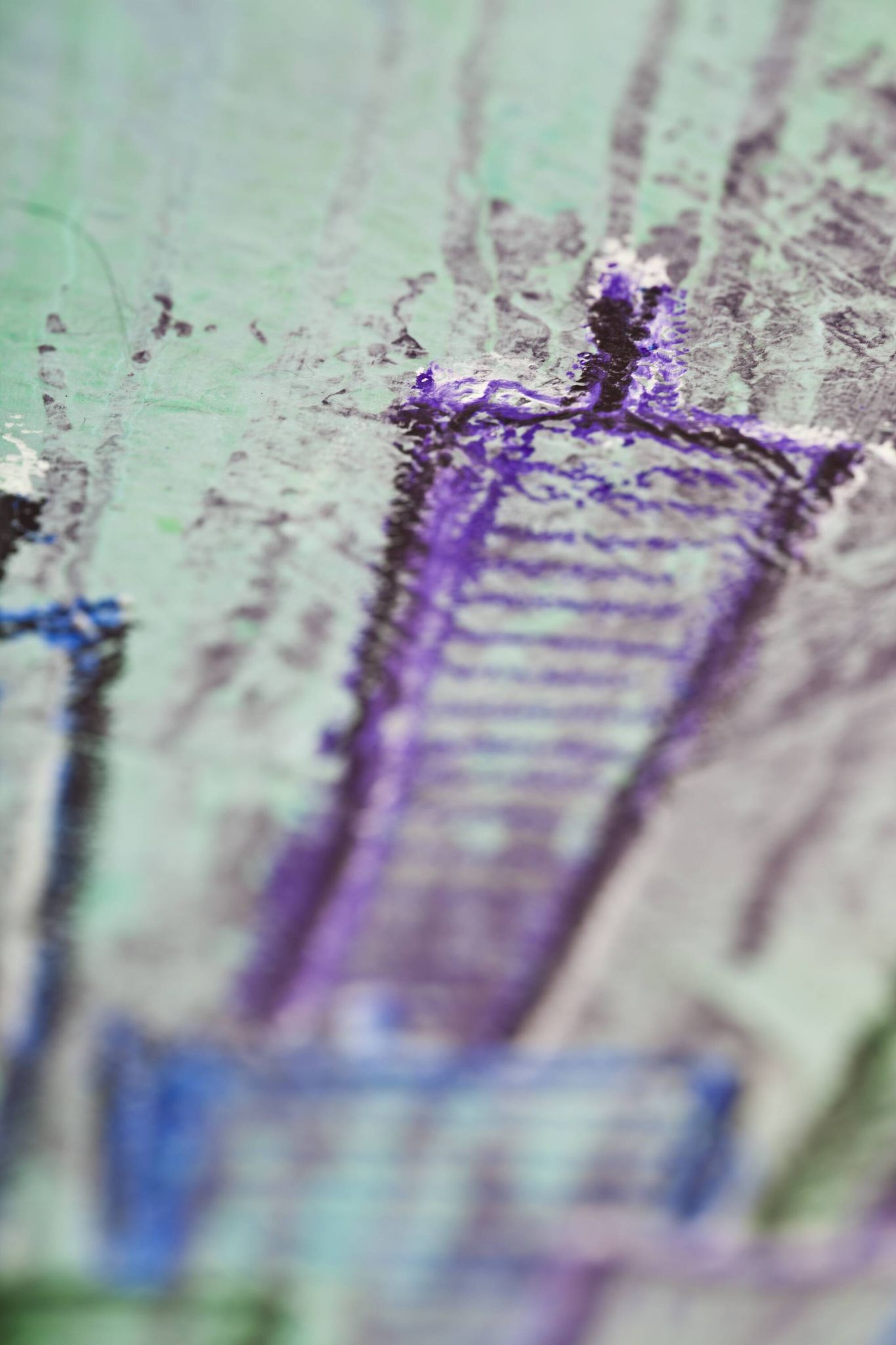 Contemporary paintig in teal, purple and green shades, acrylic on canvas