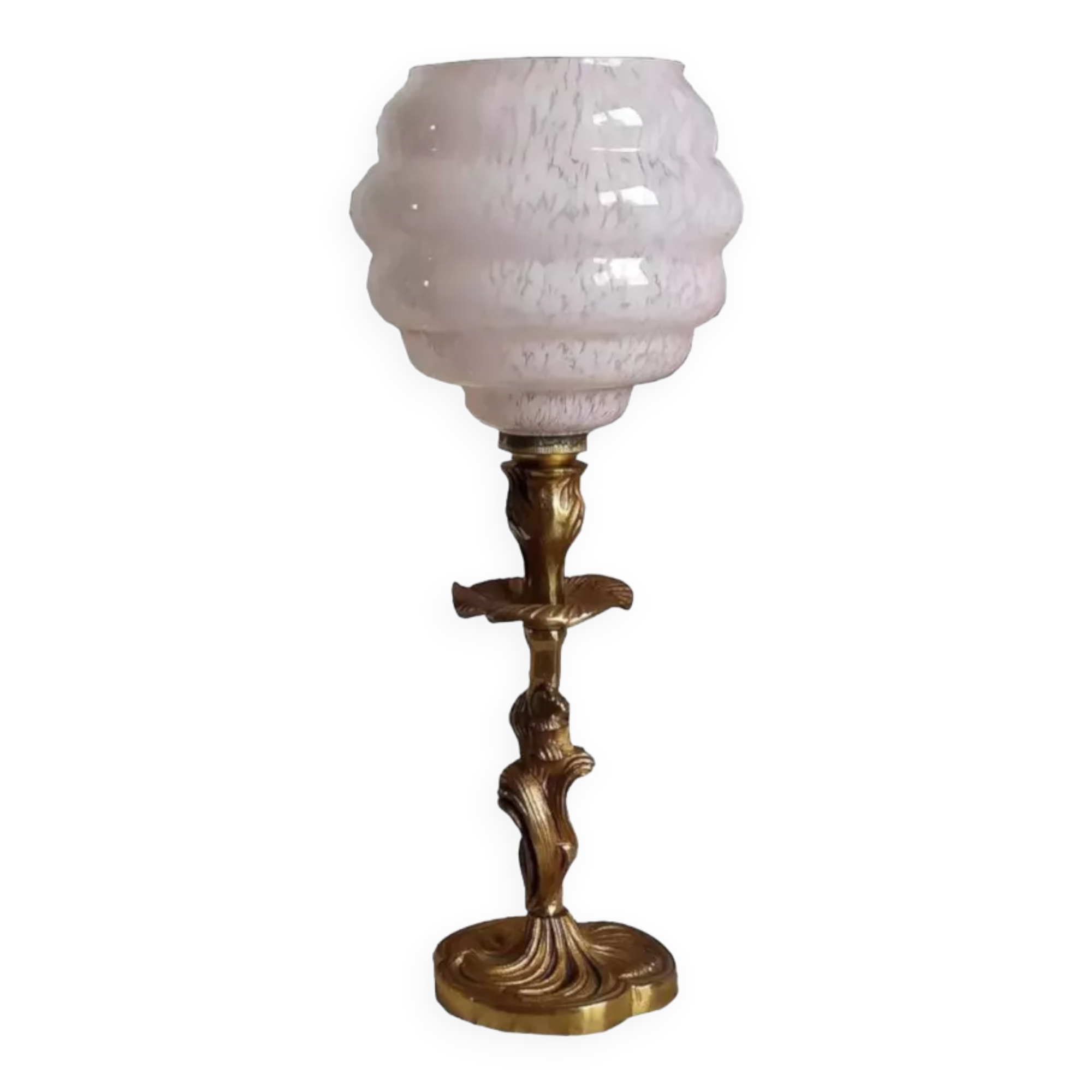 Pink clichy globe lamp and golden metal foot