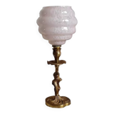 Pink clichy globe lamp and golden metal foot