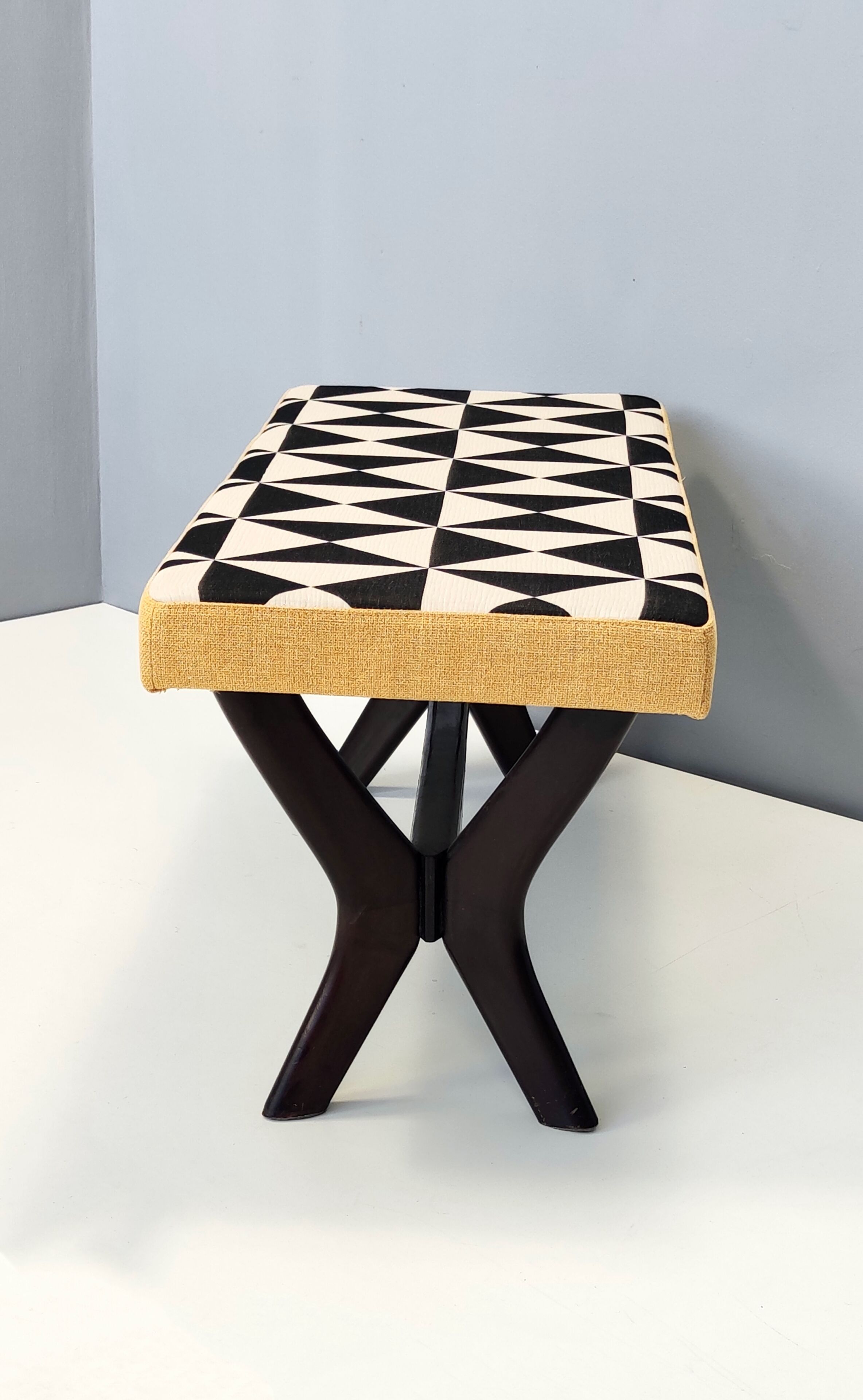 Midcentury Bench with Black, White and Yellow Fabric by Dedar, Italy, 1950s