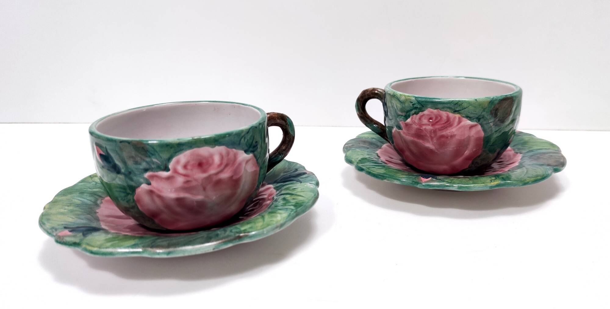 Pair of Green Earthenware Tea /Coffee Cups with Floral Motifs by Zaccagnini
