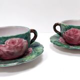 Pair of Green Earthenware Tea /Coffee Cups with Floral Motifs by Zaccagnini