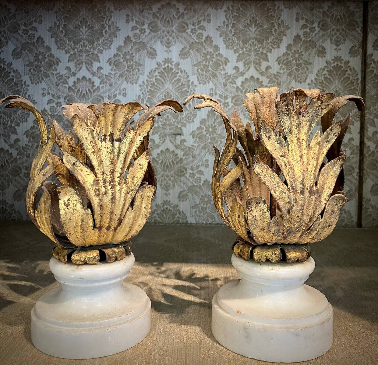 Florentine Renaissance Gilded Iron Acanthus Leaf Candleholders on Carrara Marble Bases, Set of 2