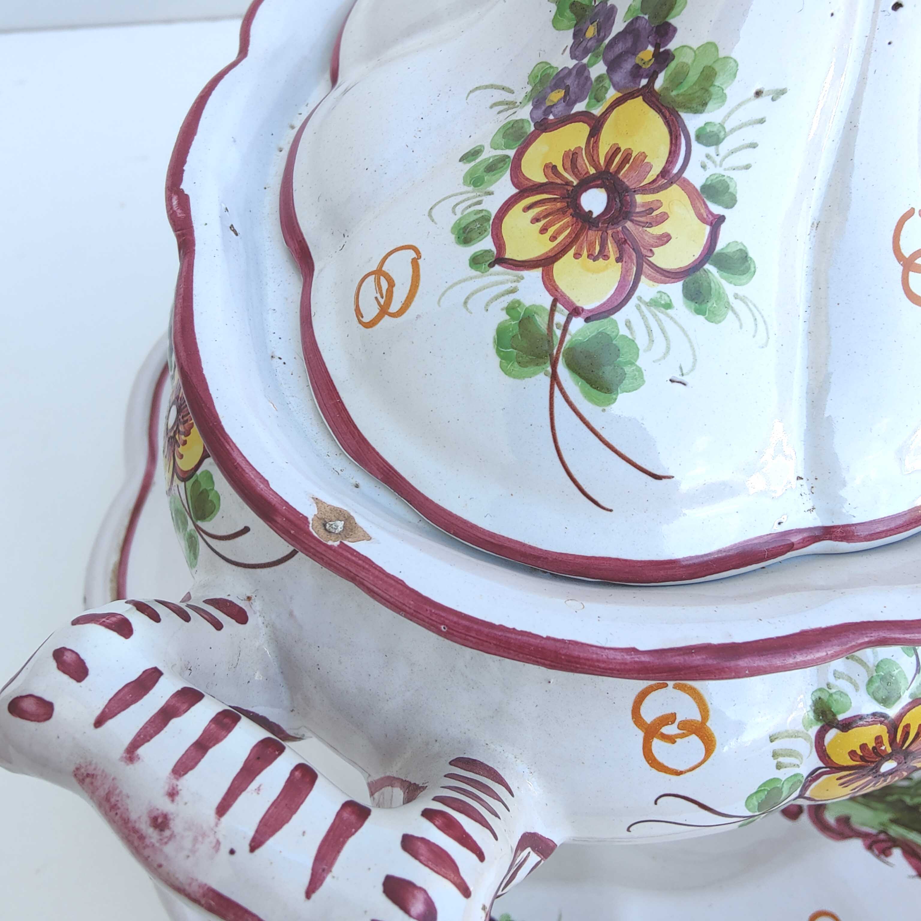 Italian porcelain soup tureen with bird and flower decor