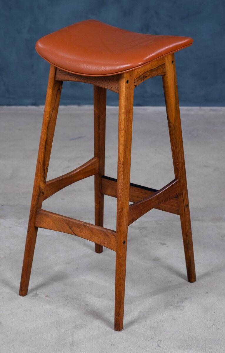 Mid-Century Bar Stools in Rosewood and Leather by Erik Buch for Dyrlund, Set of 4