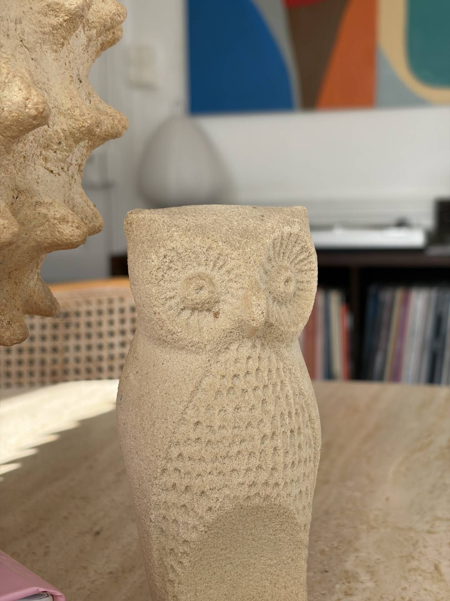 Owl sculpture in stone from the year 1970.