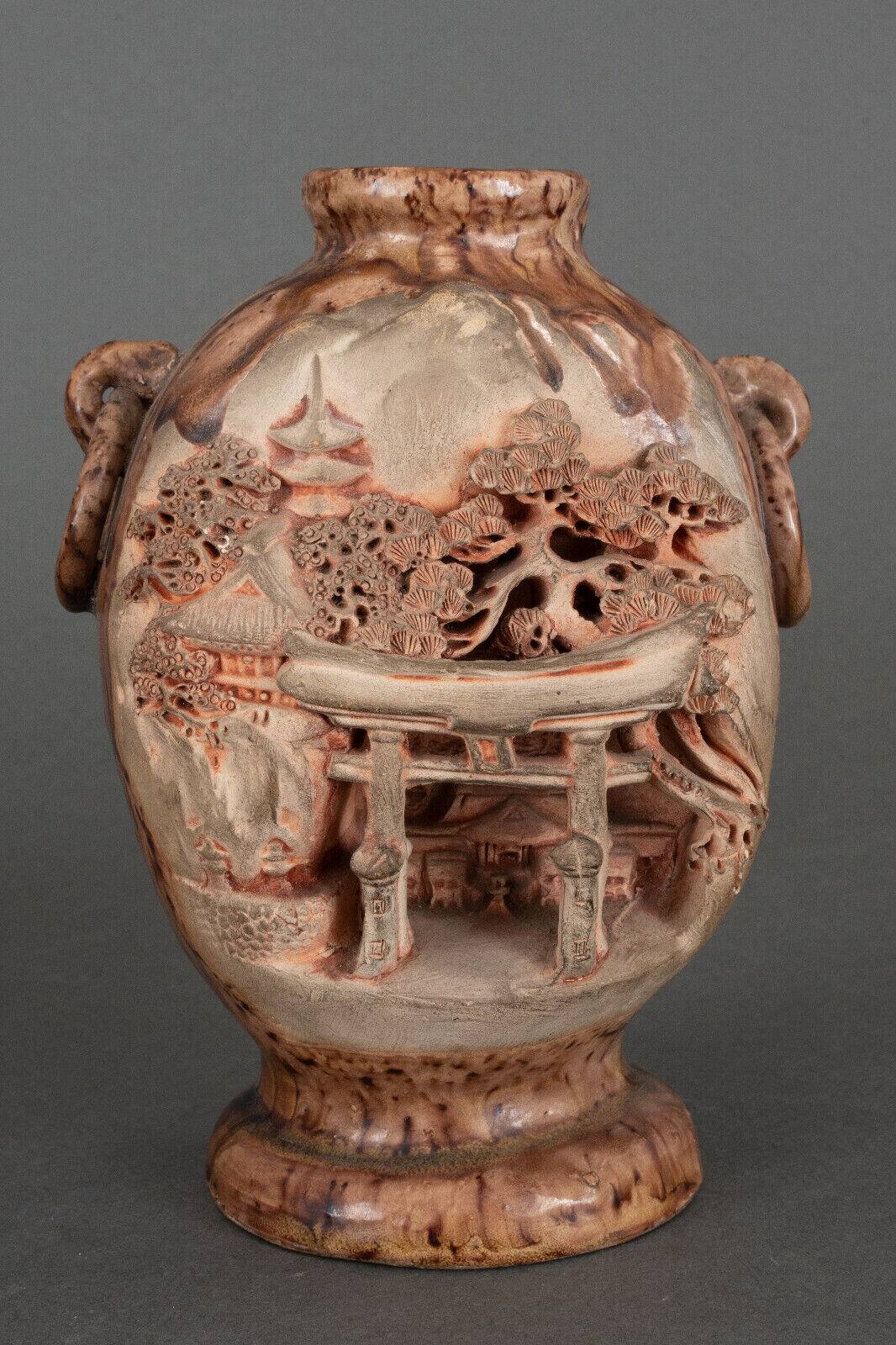 Pair of Banko Ware vases from China ceramic temple and pagoda decor