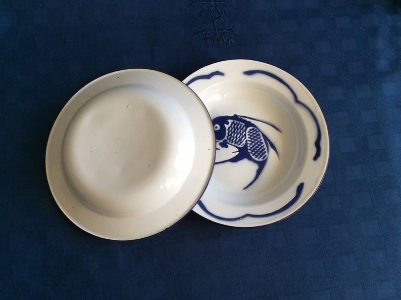 Set of 2 hollow plates enamelled white vintage basins