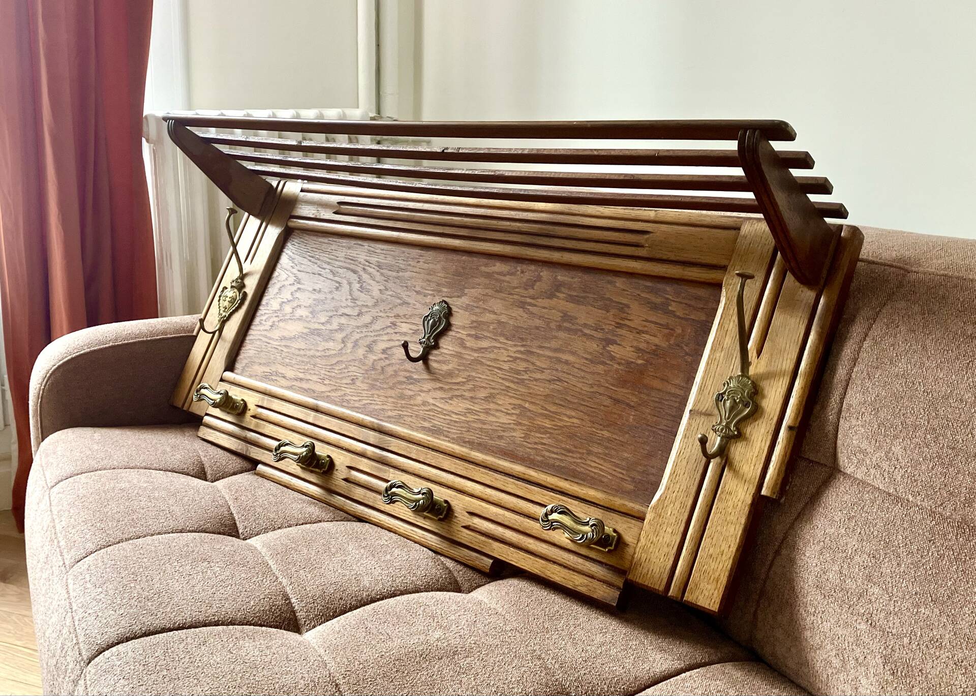 Large antique oak and brass wall coat rack – luggage rack style