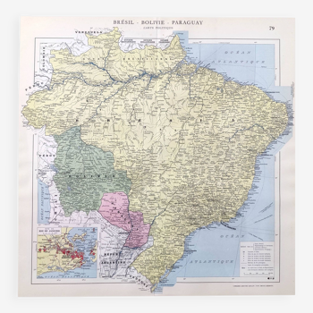 Carte ancienne Amérique du sud Brésil Bolivie Paraguay 43x43cm de 1950