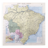 Old map of South America Brazil Bolivia Paraguay 43x43cm from 1950