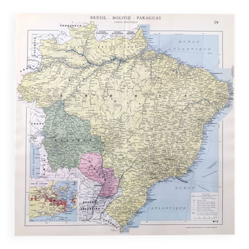 Old map South America Brazil Bolivia Paraguay 43x43cm from 1950