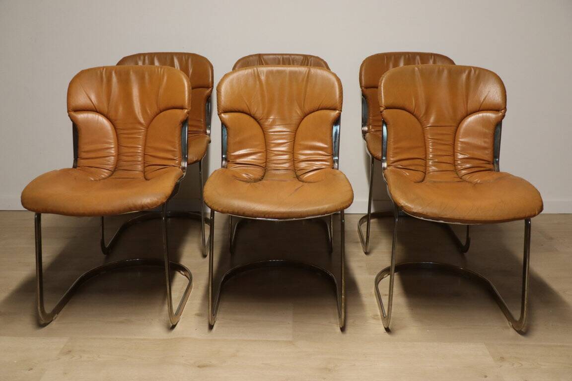 Series of 6 vintage Cidue Italy chairs in leather and metal, 1970s
